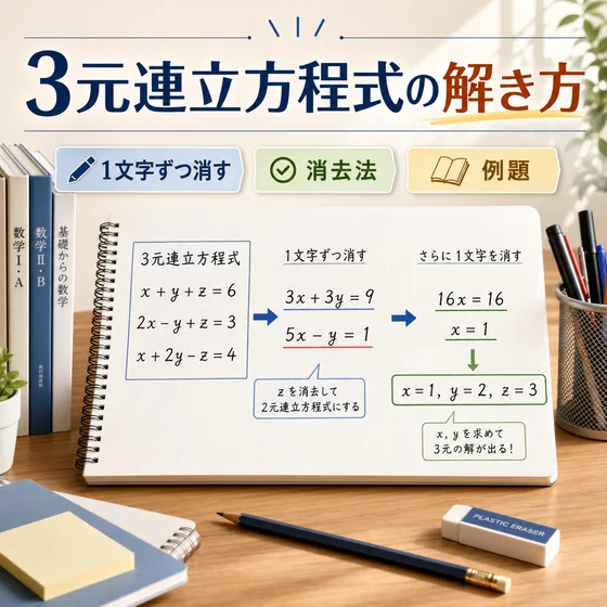3元連立方程式の3つの式から1文字ずつ消去して解く手順を示した解説図