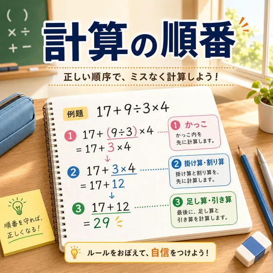 計算の順番を、かっこ、掛け算・割り算、足し算・引き算の優先順位で整理した解説図